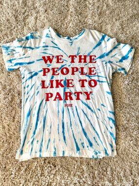 PINK Victoria's Secret White Tie-Dye Tee with Blue and Red Lettering